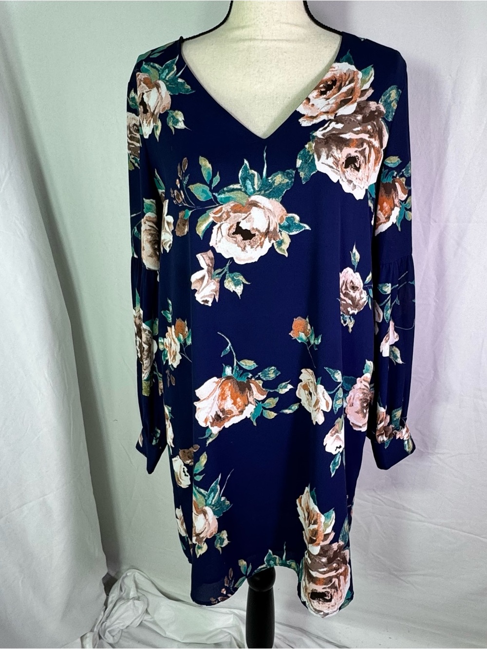 Everly Floral Long Sleeve Shift Dress Blue Boho Cottagecore Size M
